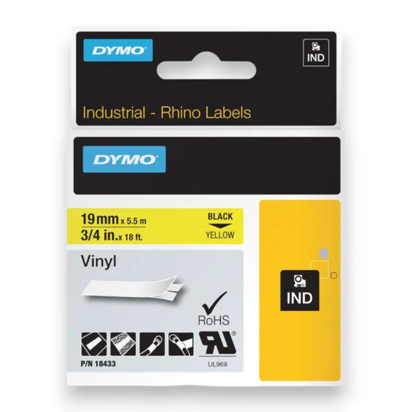 Picture of Dymo Rhino 19mm Vinyl Black on Yellow 5.5 Metres